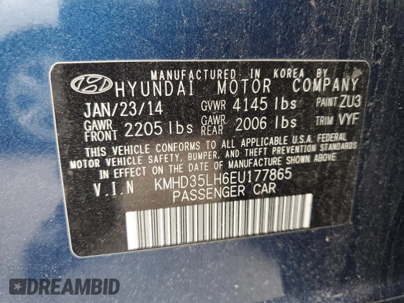 2014 Hyundai Elantra with VIN KMHD35LH6EU177865, listed as a Copart auction lot 56762623 with 67,343 mi miles and Salvage title. Bid and sale history available at DreamBid. Image 12.