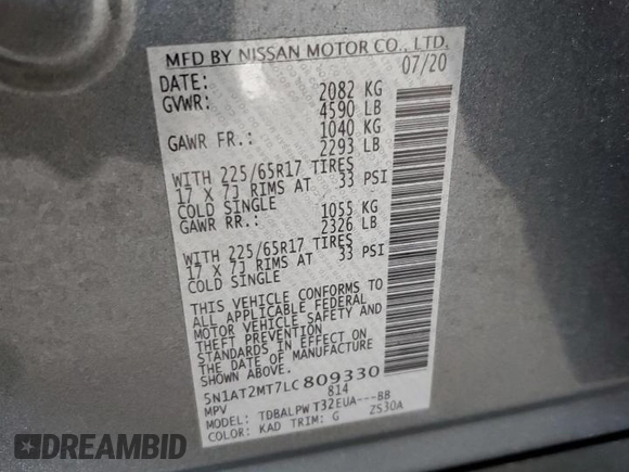2020 Nissan Rogue SV with VIN 5N1AT2MT7LC809330, listed as a Copart auction lot 64142565 with 50,168 mi miles and Salvage title. Bid and sale history available at DreamBid. Image 13.