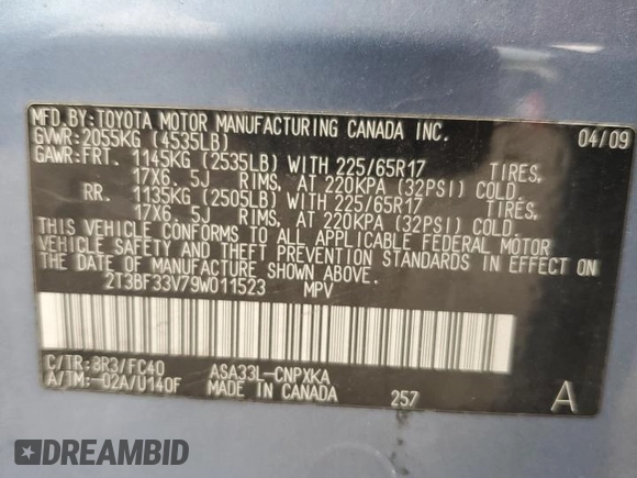 2009 Toyota RAV4 with VIN 2T3BF33V79W011523, listed as a Copart auction lot 53787485 with 160,016 mi miles and Salvage Title. Bid and sale history available at carsss.com. Image 13.