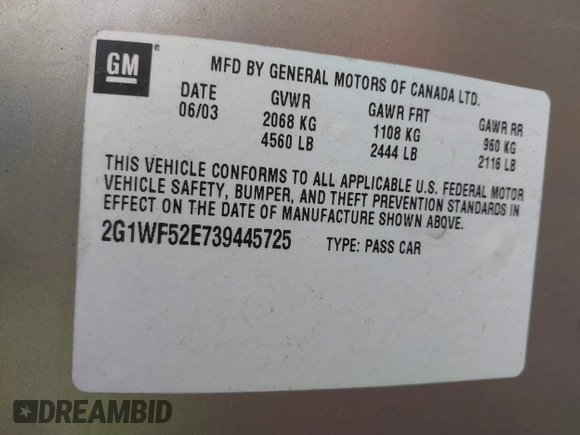 2003 Chevrolet Impala z VIN 2G1WF52E739445725, wystawiony jako IAAI lot #41714913 z przebiegiem 116 119 mil mil oraz . Historia ofert i sprzedaży dostępna na DreamBid. Obrazek 9.