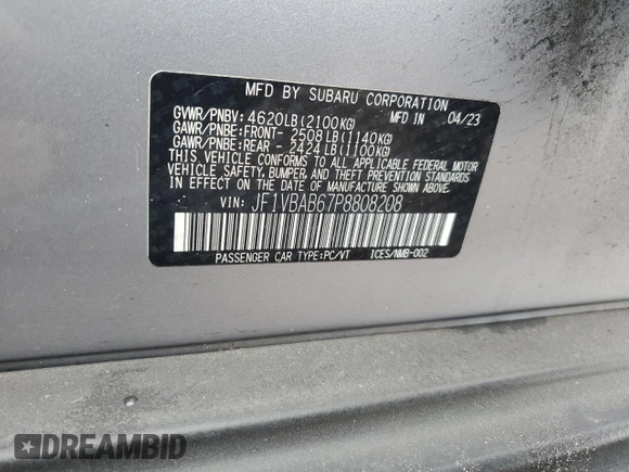 2023 Subaru WRX with VIN JF1VBAB67P8808208, listed as a Copart auction lot 45895735 with 41,100 mi miles and Salvage title. Bid and sale history available at DreamBid. Image 12.