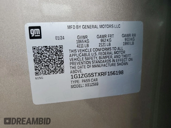 2024 Chevrolet Malibu RS with VIN 1G1ZG5STXRF156198, listed as a Copart auction lot 51244275 with 3,518 mi miles and Salvage Title. Bid and sale history available at DreamBid. Image 12.