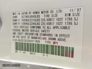 2008 Honda CR-V LX with VIN JHLRE38358C017429, listed as a IAAI auction lot 41742247 with 166,868 mi miles. Bid and sale history available at carsss.com. Image 9.