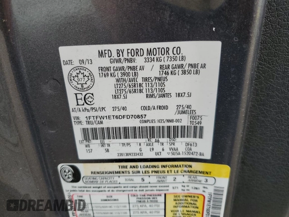 2013 Ford F-150 XL z VIN 1FTFW1ET6DFD70857, wystawiony jako Copart lot #65381525 z przebiegiem 188 997 mil mil oraz Czysty tytuł • Clean title. Historia ofert i sprzedaży dostępna na DreamBid. Obrazek 12.