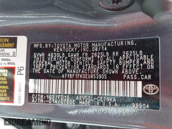 2014 Toyota Camry L with VIN 4T1BF1FK0EU853905, listed as a IAAI auction lot 42217834 with 108,612 mi miles and . Bid and sale history available at DreamBid. Image 9.