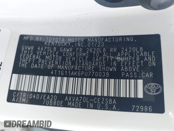 2023 Toyota Camry SE z VIN 4T1G11AK6PU770039, wystawiony jako IAAI lot #41375553 z przebiegiem 46 352 mil mil oraz . Historia ofert i sprzedaży dostępna na DreamBid. Obrazek 9.