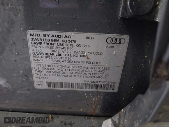 2018 Audi Q5 Prestige with VIN WA1CNAFY0J2023988, listed as a IAAI auction lot 41864266 with 39,298 mi miles. Bid and sale history available at carsss.com. Image 9.