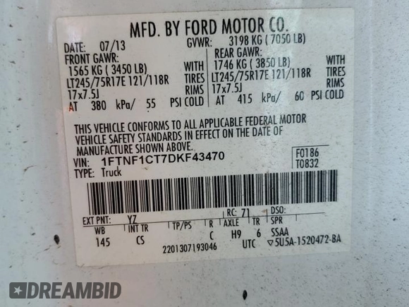 2013 Ford F-150 XL with VIN 1FTNF1CT7DKF43470, listed as a Copart auction lot 50752175 with 187,339 mi miles and Clean Title. Bid and sale history available at carsss.com. Image 12.