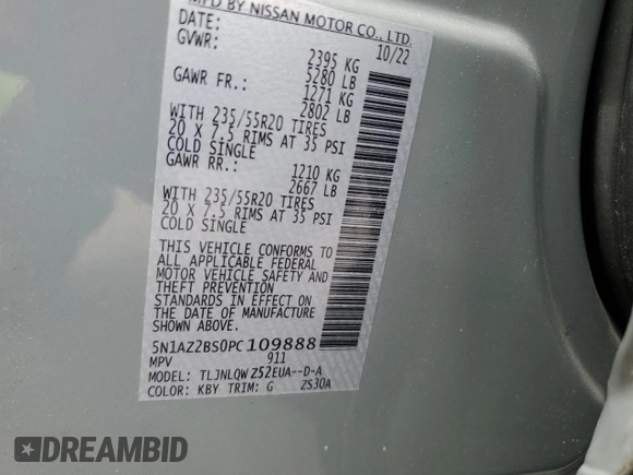 2023 Nissan Murano SV с VIN 5N1AZ2BS0PC109888, выставлен на аукционе Copart как лот 55634775 с пробегом 16 510 миль миль и Списание • Salvage title. История ставок и продаж доступна на DreamBid. Изображение 13.