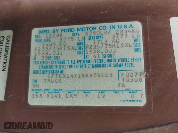 1989 Ford F-150 with VIN 1FTEX14Y1KKA59105, listed as a IAAI auction lot 42649376 with 50,869 mi miles and . Bid and sale history available at DreamBid. Image 9.