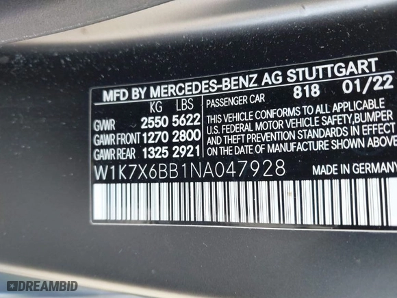 2022 Mercedes-Benz AMG GT with VIN W1K7X6BB1NA047928, listed as a IAAI auction lot 41800058 with NaN miles. Bid and sale history available at carsss.com. Image 9.