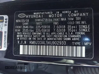 2019 Hyundai Tucson Sport with VIN KM8J33AL5KU902933, listed as a IAAI auction lot 41286316 with 73,799 mi miles. Bid and sale history available at carsss.com. Image 9.