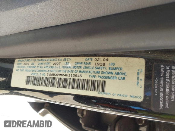 2004 Volkswagen Jetta GL with VIN 3VWRK69MX4M112945, listed as a IAAI auction lot 41342623 with Not provided miles and . Bid and sale history available at DreamBid. Image 9.