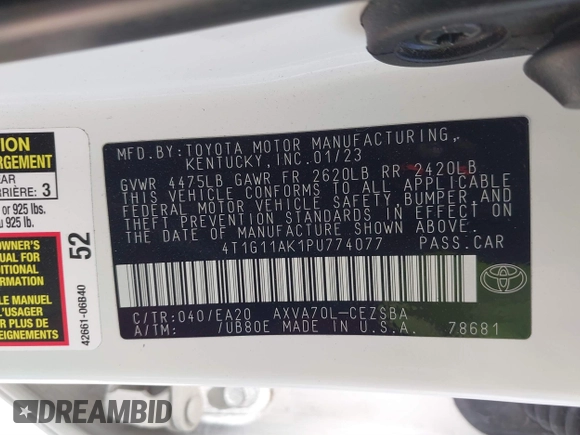 2023 Toyota Camry SE z VIN 4T1G11AK1PU774077, wystawiony jako IAAI lot #41747862 z przebiegiem 63 106 mil mil oraz . Historia ofert i sprzedaży dostępna na DreamBid. Obrazek 9.
