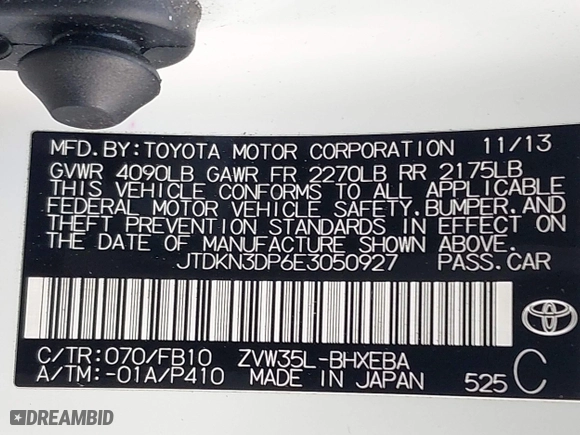 2014 Toyota Prius Plug-In with VIN JTDKN3DP6E3050927, listed as a IAAI auction lot 41871777 with 155,040 mi miles. Bid and sale history available at carsss.com. Image 9.