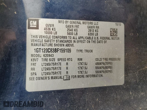 2011 GMC Sierra 2500HD SLE z VIN 1GT120C83BF159109, wystawiony jako Copart lot #51218225 z przebiegiem 259 160 mil mil oraz Szkoda całkowita • Salvage title. Historia ofert i sprzedaży dostępna na DreamBid. Obrazek 12.
