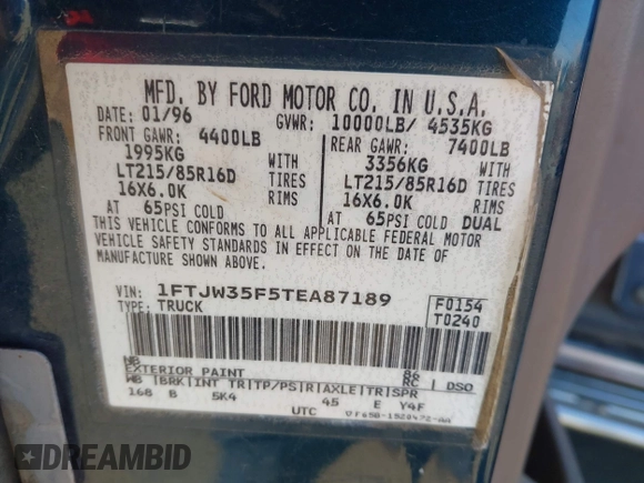 1996 Ford F-350 с VIN 1FTJW35F5TEA87189, выставлен на аукционе IAAI как лот 42228541 с пробегом 228 747 миль миль и . История ставок и продаж доступна на DreamBid. Изображение 9.