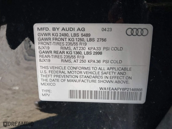2023 Audi Q5 S line Premium Plus with VIN WA1EAAFY6P2146966, listed as a IAAI auction lot 41631329 with 26,512 mi miles. Bid and sale history available at carsss.com. Image 9.