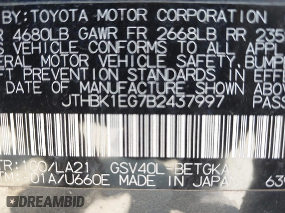 2011 Lexus ES with VIN JTHBK1EG7B2437997, listed as a IAAI auction lot 42062607 with 116,833 mi miles. Bid and sale history available at carsss.com. Image 9.