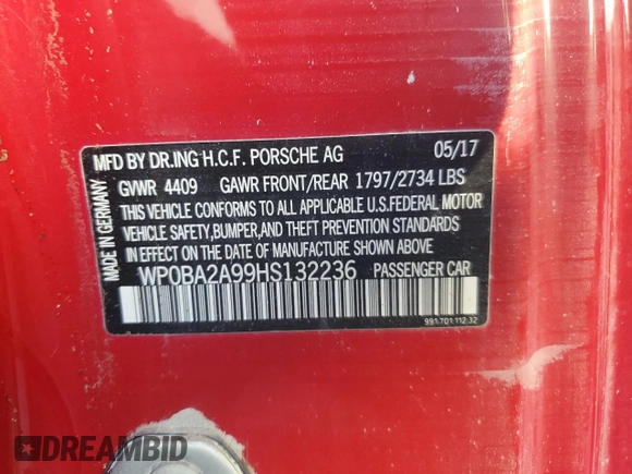 2017 Porsche 911 4 with VIN WP0BA2A99HS132236, listed as a Copart auction lot 76339244 with 0 mi miles and Non Repairable. Bid and sale history available at carsss.com. Image 13.