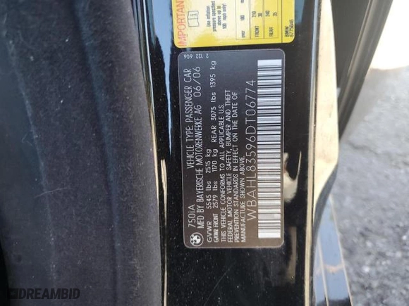 2006 BMW 7 Series 750i with VIN WBAHL83596DT06774, listed as a Copart auction lot 47260485 with 0 mi miles and Salvage Title. Bid and sale history available at carsss.com. Image 12.