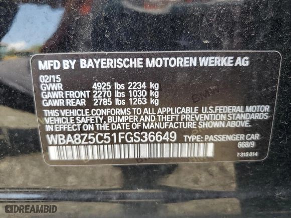 2015 BMW 3 Series Gran Turismo 328i xDrive with VIN WBA8Z5C51FGS36649, listed as a Copart auction lot 57372363 with 114,321 mi miles. Bid and sale history available at carsss.com. Image 13.