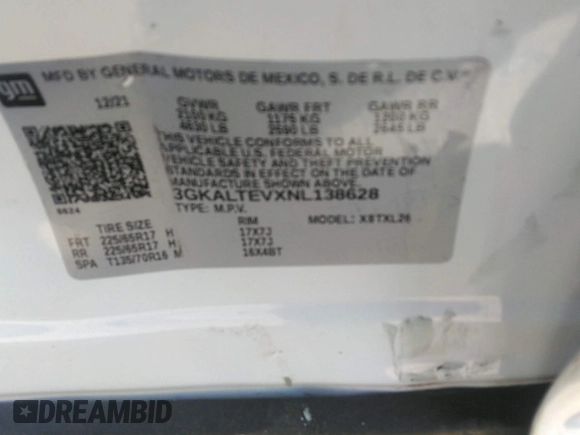 2022 GMC Terrain SLE z VIN 3GKALTEVXNL138628, wystawiony jako IAAI lot #42049758 z przebiegiem 24 450 mil mil oraz . Historia ofert i sprzedaży dostępna na DreamBid. Obrazek 9.