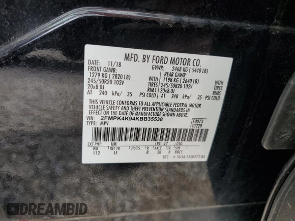 2019 Ford Edge Titanium with VIN 2FMPK4K94KBB35538, listed as a Copart auction lot 57770545 with 85,021 mi miles and Salvage title. Bid and sale history available at DreamBid. Image 13.