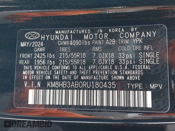 2024 Hyundai Kona SEL with VIN KM8HB3AB0RU180435, listed as a IAAI auction lot 42131943 with 18,853 mi miles. Bid and sale history available at carsss.com. Image 9.
