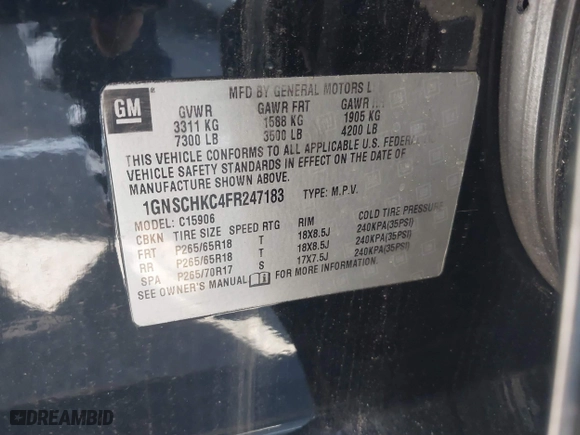 2015 Chevrolet Suburban LS with VIN 1GNSCHKC4FR247183, listed as a IAAI auction lot 41588924 with 283,741 mi miles. Bid and sale history available at carsss.com. Image 9.