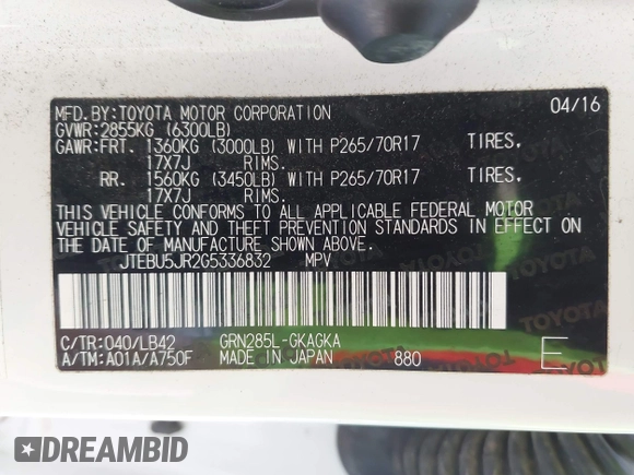 2016 Toyota 4Runner Limited with VIN JTEBU5JR2G5336832, listed as a IAAI auction lot 42107567 with 148,420 mi miles and . Bid and sale history available at DreamBid. Image 9.
