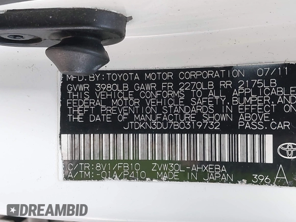 2011 Toyota Prius I with VIN JTDKN3DU7B0319732, listed as a IAAI auction lot 42114036 with 286,315 mi miles. Bid and sale history available at carsss.com. Image 9.