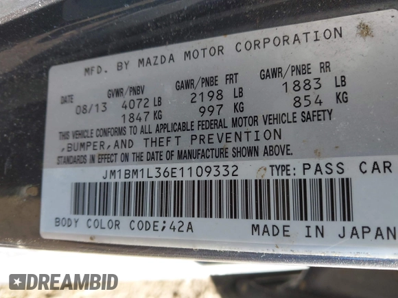 2014 Mazda 3 S Touring with VIN JM1BM1L36E1109332, listed as a IAAI auction lot 41635456 with 180,146 mi miles and . Bid and sale history available at DreamBid. Image 9.