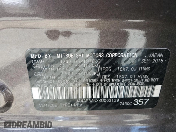 2019 Mitsubishi Outlander ES with VIN JA4AP3AUXKU003139, listed as a Copart auction lot 59310775 with 174,879 mi miles and Clean title. Bid and sale history available at DreamBid. Image 13.