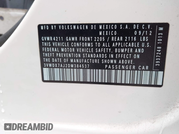 2013 Volkswagen Jetta SE with VIN 3VWDX7AJ2DM384537, listed as a IAAI auction lot 41548219 with 86,172 mi miles and . Bid and sale history available at DreamBid. Image 9.
