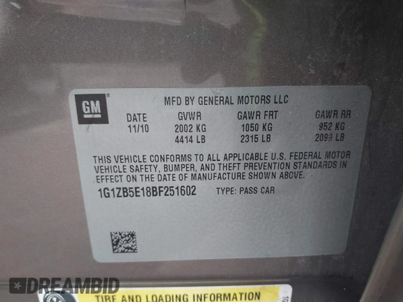 2011 Chevrolet Malibu 1LS with VIN 1G1ZB5E18BF251602, listed as a IAAI auction lot 41880910 with 76,049 mi miles and . Bid and sale history available at DreamBid. Image 9.