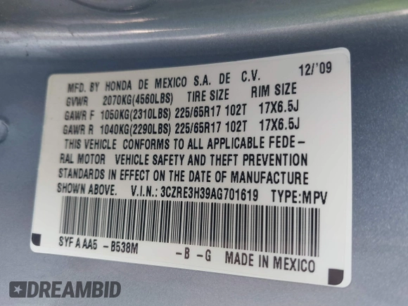 2010 Honda CR-V LX with VIN 3CZRE3H39AG701619, listed as a IAAI auction lot 41986031 with 107,200 mi miles and . Bid and sale history available at DreamBid. Image 9.