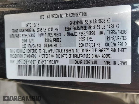2017 Mazda CX-9 Signature with VIN JM3TCBEYXH0134760, listed as a Copart auction lot 50600995 with 93,391 mi miles and Clean title. Bid and sale history available at DreamBid. Image 14.