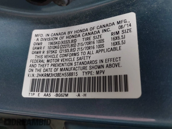 2014 Honda CR-V LX with VIN 2HKRM3H38EH558815, listed as a IAAI auction lot 42081171 with 129,624 mi miles. Bid and sale history available at carsss.com. Image 9.