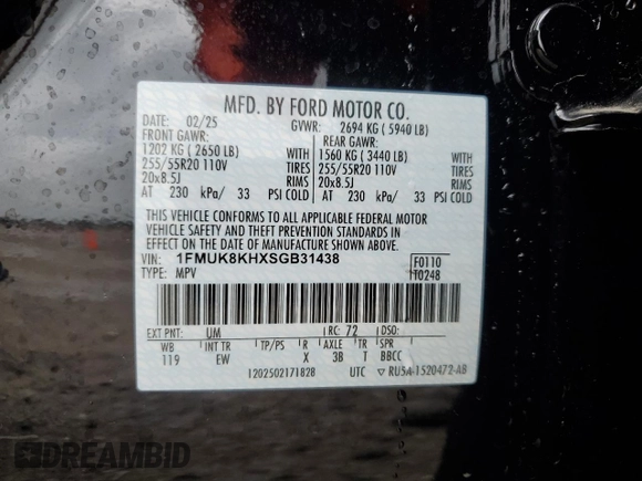 2025 Ford Explorer ST-Line with VIN 1FMUK8KHXSGB31438, listed as a Copart auction lot 54352865 with 721 mi miles and Salvage Title. Bid and sale history available at carsss.com. Image 13.