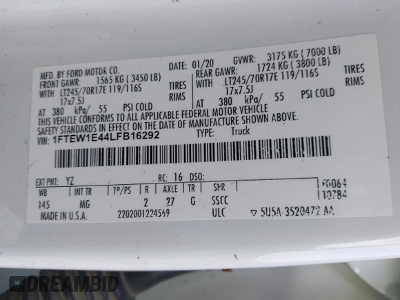2020 Ford F-150 XL with VIN 1FTEW1E44LFB16292, listed as a IAAI auction lot 42179747 with Not provided miles and . Bid and sale history available at DreamBid. Image 9.