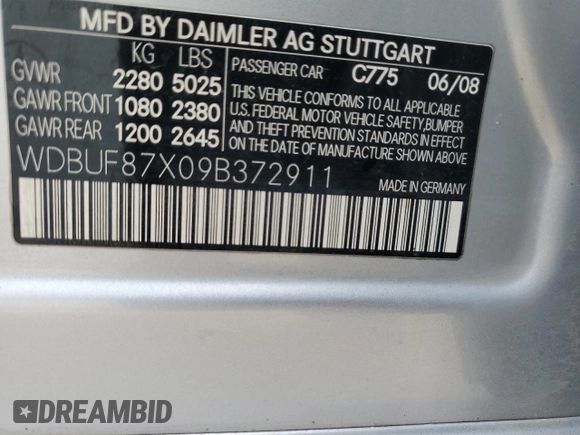2009 Mercedes-Benz E Luxury 3.5L with VIN WDBUF87X09B372911, listed as a Copart auction lot 53430975 with 174,585 mi miles and Salvage Title. Bid and sale history available at carsss.com. Image 12.