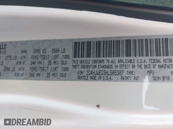 2017 Jeep Wrangler Unlimited Sahara with VIN 1C4HJWEG3HL505307, listed as a IAAI auction lot 42497015 with 92,790 mi miles and . Bid and sale history available at DreamBid. Image 9.