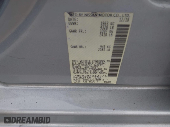 2019 Nissan Altima 2.5 SR with VIN 1N4BL4CV3KN312775, listed as a IAAI auction lot 41875447 with 131,065 mi miles. Bid and sale history available at carsss.com. Image 9.