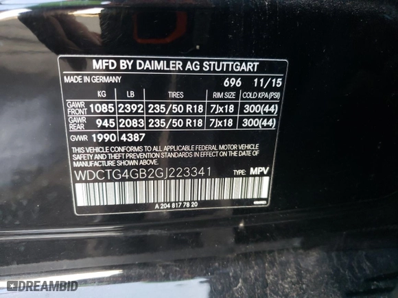 2016 Mercedes-Benz GLA with VIN WDCTG4GB2GJ223341, listed as a Copart auction lot 46274545 with NaN miles and Salvage Title. Bid and sale history available at carsss.com. Image 12.