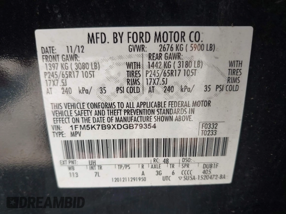 2013 Ford Explorer с VIN 1FM5K7B9XDGB79354, выставлен на аукционе IAAI как лот 42561931 с пробегом 162 163 миль миль и . История ставок и продаж доступна на DreamBid. Изображение 9.