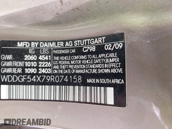 2009 Mercedes-Benz C 300 Sport with VIN WDDGF54X79R074158, listed as a IAAI auction lot 42353528 with 158,122 mi miles and . Bid and sale history available at DreamBid. Image 9.