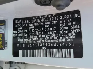 2014 Kia Sorento LX with VIN 5XYKT3A63EG524751, listed as a Copart auction lot 50578515 with 120,947 mi miles and Salvage Title. Bid and sale history available at carsss.com. Image 15.