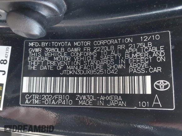 2011 Toyota Prius I with VIN JTDKN3DUXB5251042, listed as a IAAI auction lot 41906546 with 177,176 mi miles. Bid and sale history available at carsss.com. Image 9.