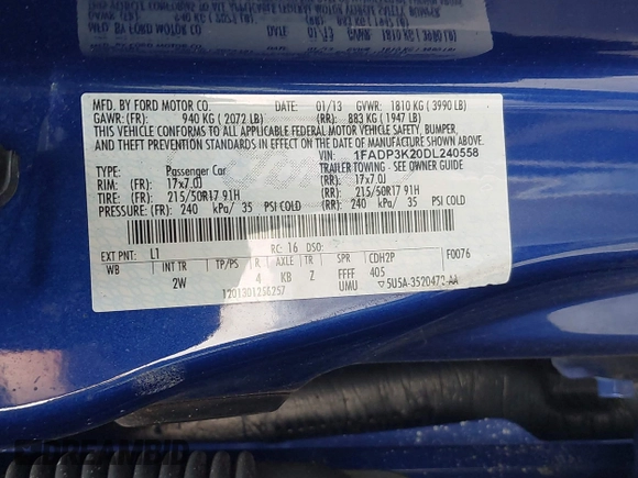2013 Ford Focus SE with VIN 1FADP3K20DL240558, listed as a IAAI auction lot 42125088 with 261,358 mi miles and . Bid and sale history available at carsss.com. Image 9.